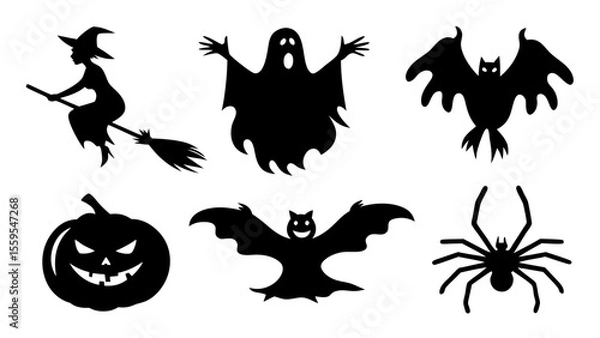 Fototapeta Set of Halloween silhouette collection elements on tranparent background