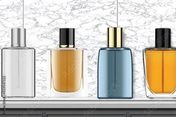 Fototapeta Four elegant perfume bottles with different colored liquids displayed on a marble background