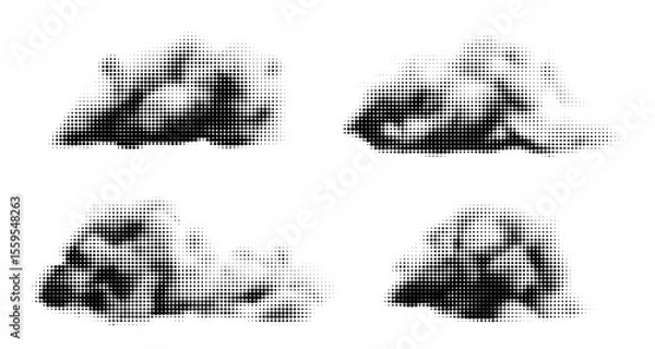 Fototapeta Halftone clouds vector set. Black dotted smoke isolated. Retro design collage elements, newspaper or magazine vintage stickers