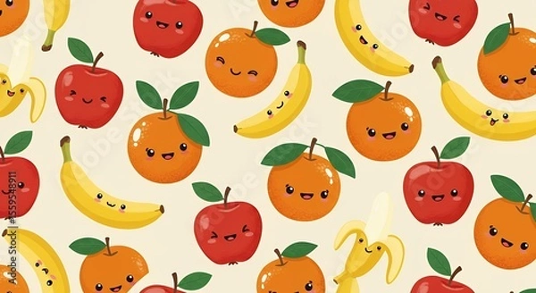 Fototapeta Bright Cartoon Fruit Pattern on White Background