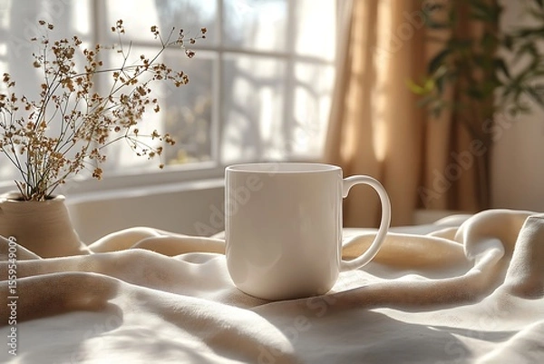 Fototapeta White mug mockup on beige fabric with window and dried flowers

