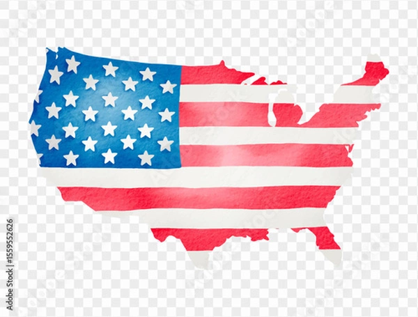 Fototapeta Watercolor map of the United States with American flag overlay, great for patriotic design projects. vector.