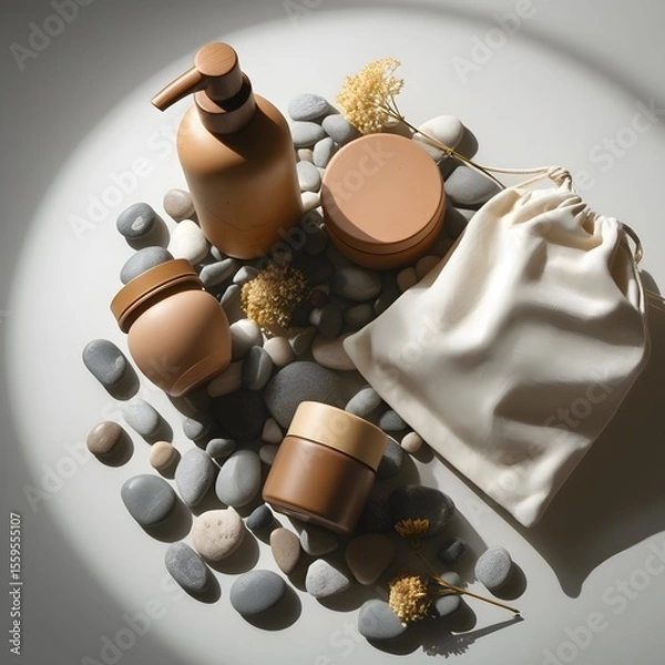 Obraz Assorted baking utensils on a wooden table with brown Easter eggs and a cup of coffee ready for a spring breakfast