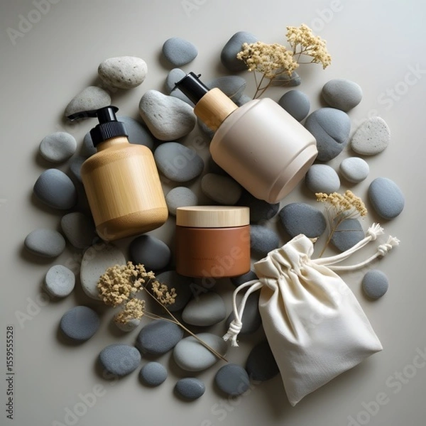 Obraz Medicine and spa accessories are isolated in a still life, with white pills and capsules in a bottle for health and beauty care