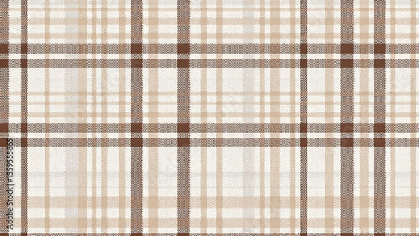 Fototapeta Minimalist digital plaid with prominent dark brown grid lines, filled with subtle light brown and beige rectangles. Textured resembling woven cloth, with warm neutral colors.