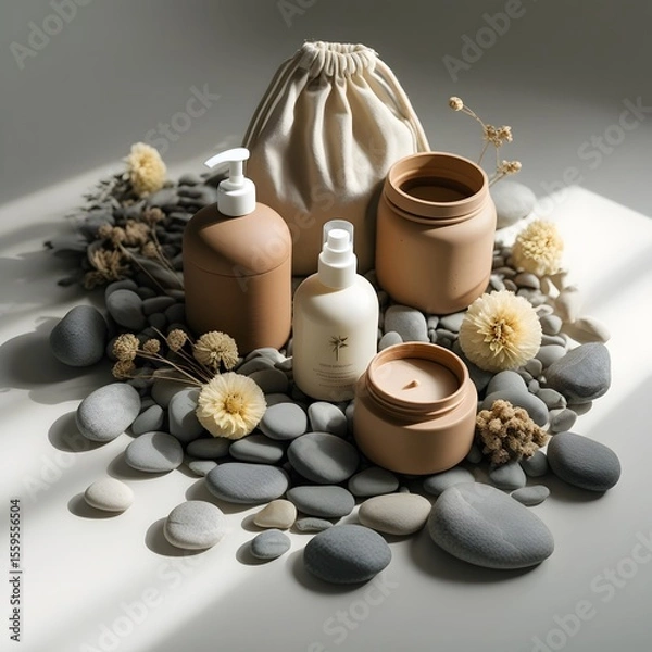 Obraz Relaxing spa still life with a candle, flower, and essential oils for beauty and wellness therapy