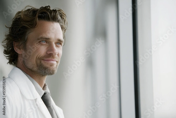 Fototapeta psychiatrist in serene setting positioned on left side of frame gazing thoughtfully out window