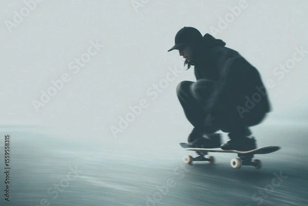 Fototapeta dynamic portrait of skater captured in motion expressing joy positioned on left side of frame