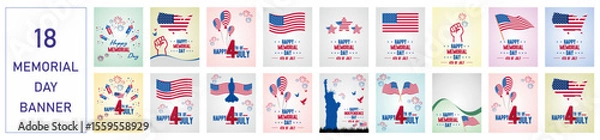 Fototapeta USA Independence day vector pack o fireworks, flag, victory hand, balloons and map. ideal for posters, banners, digital ads, and 4th of July event designs. fully editable vector file.