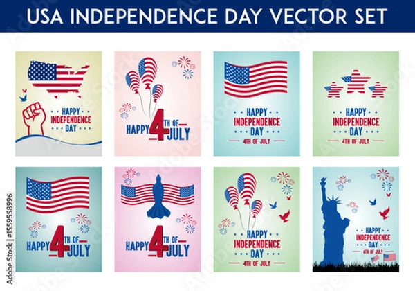 Fototapeta Vector Illustration set of celebrating the United States Independence Day. Includes patriotic elements such as the American flag, peace victory hand, colorful fireworks, helium balloons.