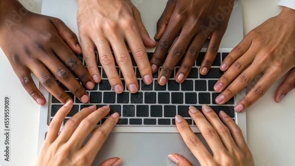 Fototapeta Diverse hands collaboratively typing on a laptop keyboard, showcasing teamwork and digital communication.