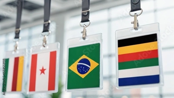 Fototapeta Hanging ID badges featuring various country flags in a modern office setting, showcasing international representation and diversity.