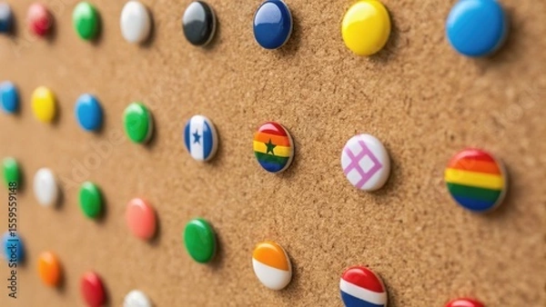 Fototapeta Colorful pins featuring various designs are arranged on a corkboard, creating an eye-catching display of patterns and symbols.