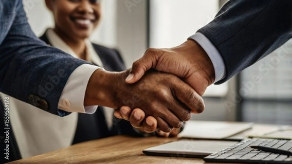 Fototapeta Business handshake in a modern office setting, symbolizing partnership and collaboration.