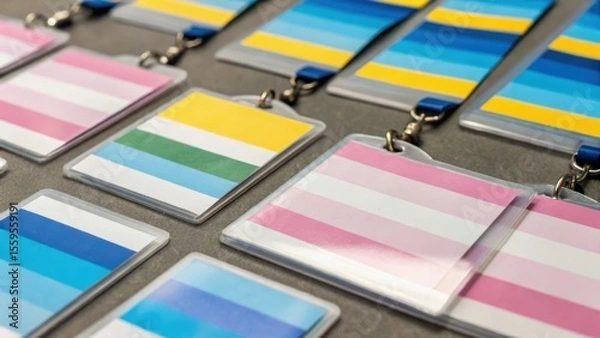 Fototapeta Colorful lanyards featuring various striped patterns, arranged neatly on a surface, highlighting diversity and creativity.