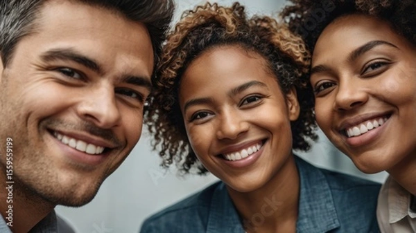 Fototapeta Three smiling individuals with diverse hairstyles pose together, exuding joy and camaraderie in a close-up shot.