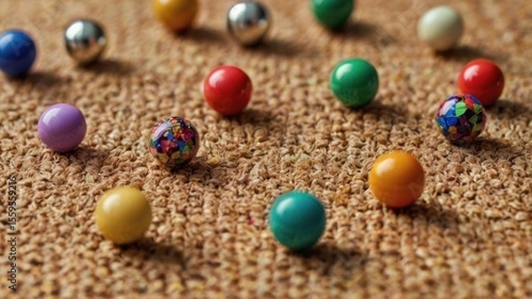 Fototapeta Colorful marbles scattered on a textured surface create a playful, vibrant scene emphasizing fun and leisure.