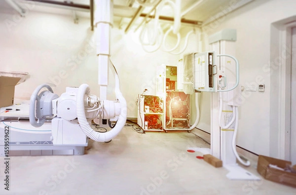 Fototapeta A high-tech X-ray machine in a medical room, featuring advanced equipment and intricate wiring. It’s ready to provide clear and detailed imaging for diagnostics.