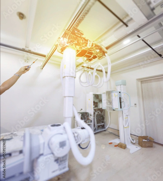 Fototapeta A high-tech X-ray machine in a medical room, featuring advanced equipment and intricate wiring. It’s ready to provide clear and detailed imaging for diagnostics.