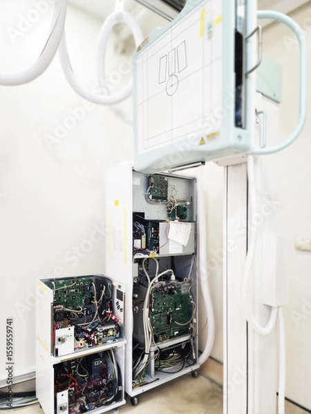 Fototapeta A high-tech X-ray machine in a medical room, featuring advanced equipment and intricate wiring. It’s ready to provide clear and detailed imaging for diagnostics.