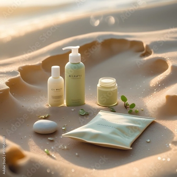 Obraz Perfume and cosmetic cream bottle displayed on beach sand near wellness spa essentials for skincare and relaxation