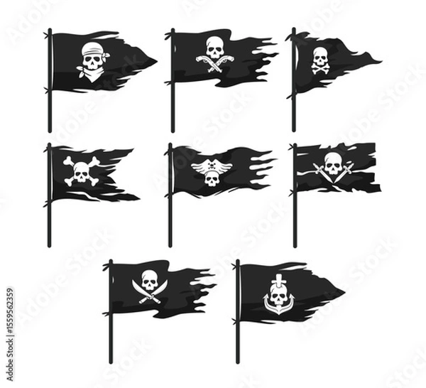 Obraz Set of Pirate Flag with Jolly Roger Symbol Icon set collection with skull and bones or crossbones Anchors, Swords, Guns, Bandana for pirate flag, grim reaper cartoon, Black Silhouette ripped flag