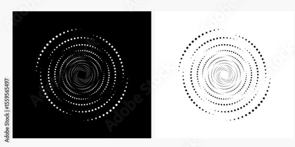 Fototapeta Modern abstract background. Halftone dots in circle form. Spiral logo, icon or design element. Black dots on a white background and white dots on the black side.