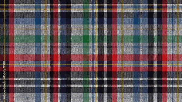 Fototapeta A vibrant, eclectic tartan with colorful intersecting stripes in blue, red, green, yellow and textured fabric look, symbolizing diversity and artistic creativity.