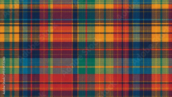 Fototapeta A vibrant, eclectic tartan with colorful intersecting stripes in blue, red, green, yellow and textured fabric look, symbolizing diversity and artistic creativity.