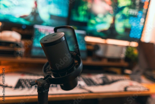 Fototapeta Modern podcast setup with professional microphone on boom arm in cozy home studio, featuring blurred monitors and wooden blinds background. Creative workspace inspiration.