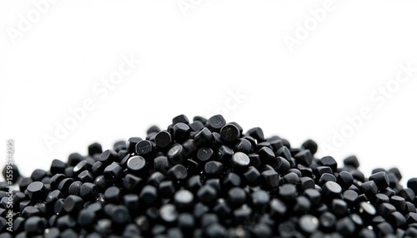 Fototapeta Black plastic masterbatch granules, arranged in mounds, isolated on white background	
