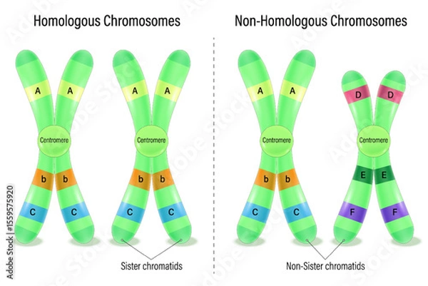 Fototapeta The difference of homologous and non-homologous chromosome (Heterologous chromosome). Vector used for scientific and medical education. 