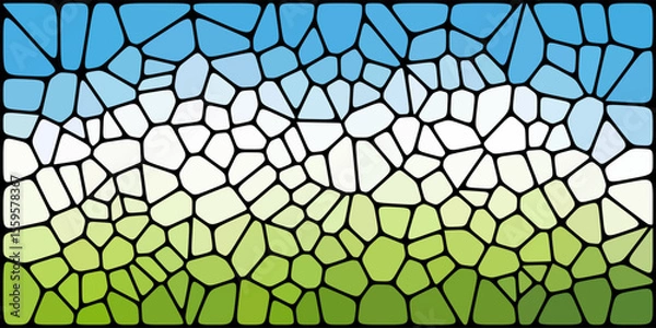 Fototapeta A mosaic-style abstract image with a stained glass effect, blending blue sky, white clouds, and green grass using irregular black-bordered shapes.

