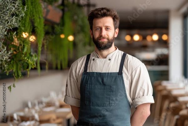 Fototapeta friendly waiter with soft smile positioned on right side of frame against clean light background