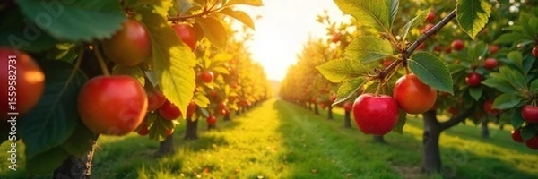 Fototapeta Sun-Drenched Orchard Ripe Peaches Ready for Harvest. Abundant branches laden with juicy, colorful fruit perfect for autumnal themes, healthy eating concepts, and food photography backdrops.