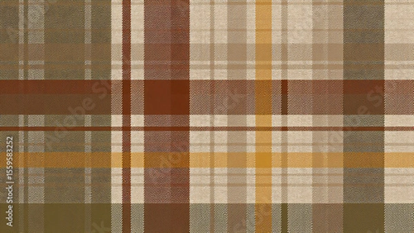 Fototapeta An earthy-toned plaid with layered olive, rust, beige, mustard lines, textured like woven textile, blending natural colors with creative patterning.