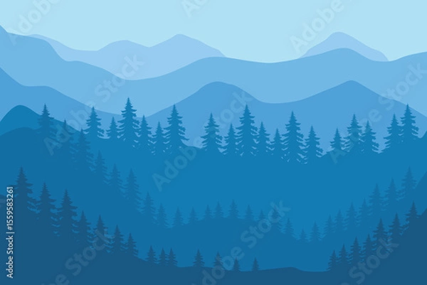 Fototapeta A scenic Forest background illustration featuring the silhouette of several pine trees perfect for nature themed, background landscape, desktop etc