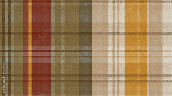 Fototapeta An earthy-toned plaid with layered olive, rust, beige, mustard lines, textured like woven textile, blending natural colors with creative patterning.