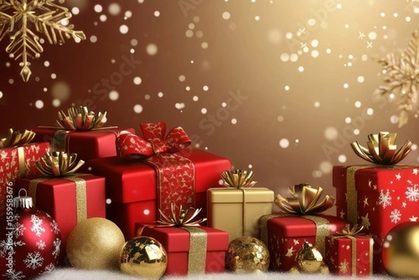 Fototapeta Luxurious 3D Christmas banner with red and gold gift boxes, snowflakes, and shiny golden ornaments