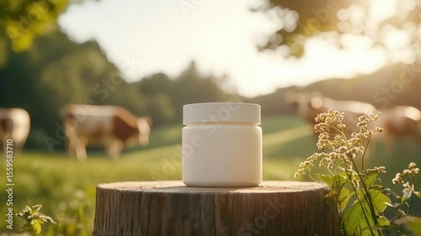 Fototapeta Open jar of beef tallow cream sits on a tree stump in a pasture with cows grazing, highlighting natural skincare solutions