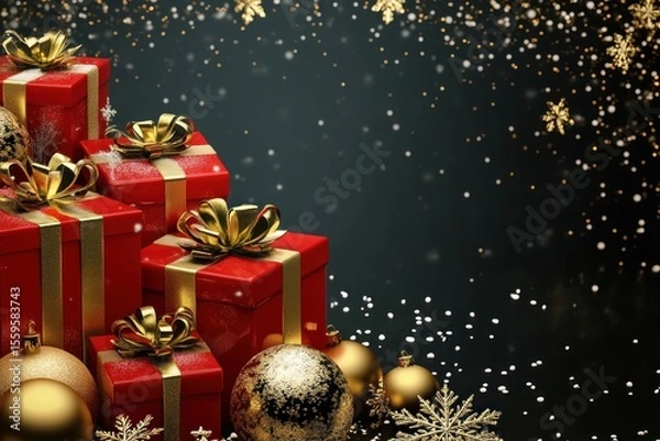 Fototapeta Luxurious 3D Christmas banner with red and gold gift boxes, snowflakes, and shiny golden ornaments
