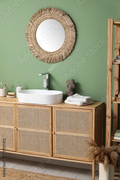 Fototapeta Modern sink with bath supplies on countertop near green wall in bathroom
