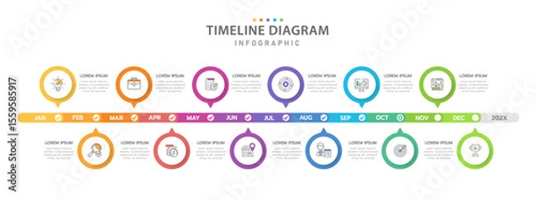 Fototapeta Infographic template for business. 12 Months modern Timeline diagram calendar, presentation vector infographic.
