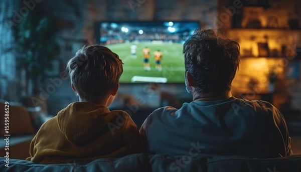 Fototapeta Rear shot of father and son sitting on the sofa watching a football match on television in the evening
