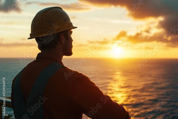 Obraz Oil worker watches as the sun sets over the ocean while taking a break from work offshore, Oil worker looking out over the ocean at sunset