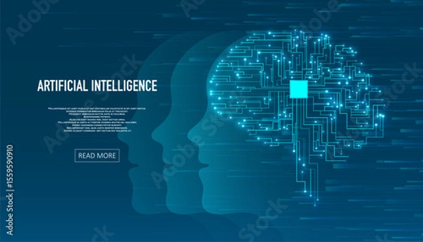 Fototapeta Artificial Intelligence illustration of brain. Machine learning concept. Abstract glowing brain connections. Particles liquid dynamic flow. Graphic concept for your design