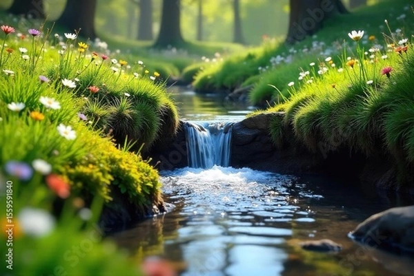 Obraz Sparkling Spring Water Feeds Vibrant Wildflower Meadow in Sunny Springtime