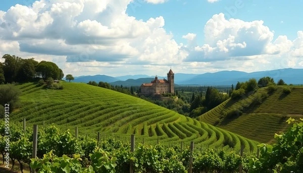 Fototapeta Rolling hills covered in grape vines, ancient castle in distance, fluffy clouds, lush trees,  far,  winery