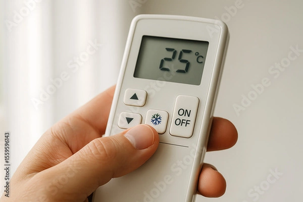 Fototapeta Air conditioner remote control set to 25°C — recommended indoor temperature for energy efficiency and comfort