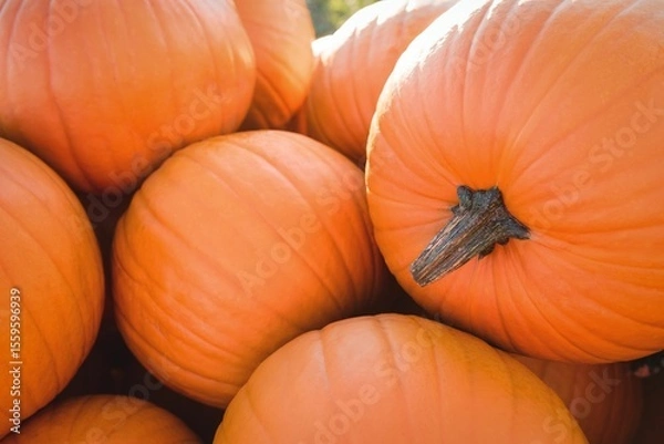 Fototapeta Close-up bright orange pumpkins are piling up in flat vector design, highlighting dry brown stems